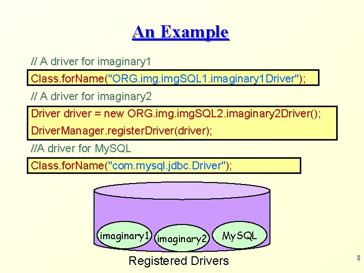 An Example // A driver for imaginary 1 Class. for. Name("ORG. img. SQL 1.