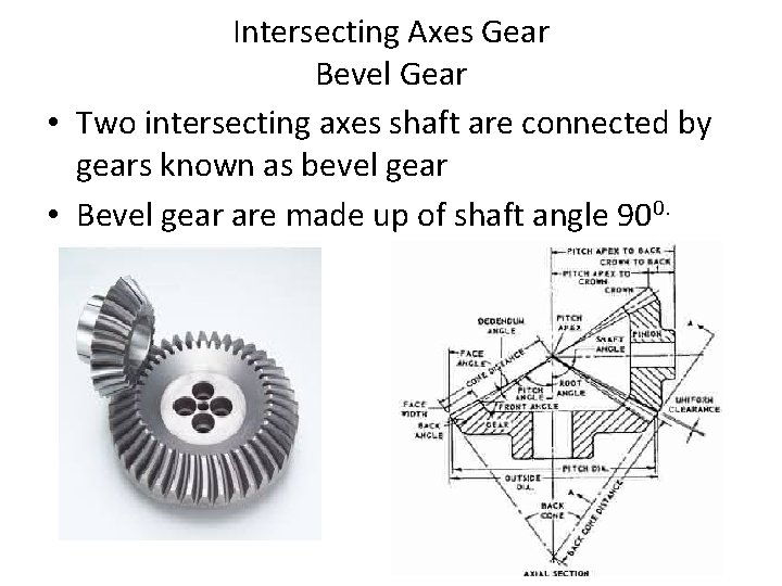 Intersecting Axes Gear Bevel Gear • Two intersecting axes shaft are connected by gears Intersecting Axes Gear Bevel Gear • Two intersecting axes shaft are connected by gears