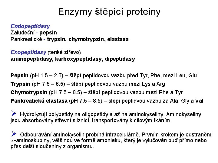 Enzymy štěpící proteiny Endopeptidasy Žaludeční - pepsin Pankreatické - trypsin, chymotrypsin, elastasa Exopeptidasy (tenké