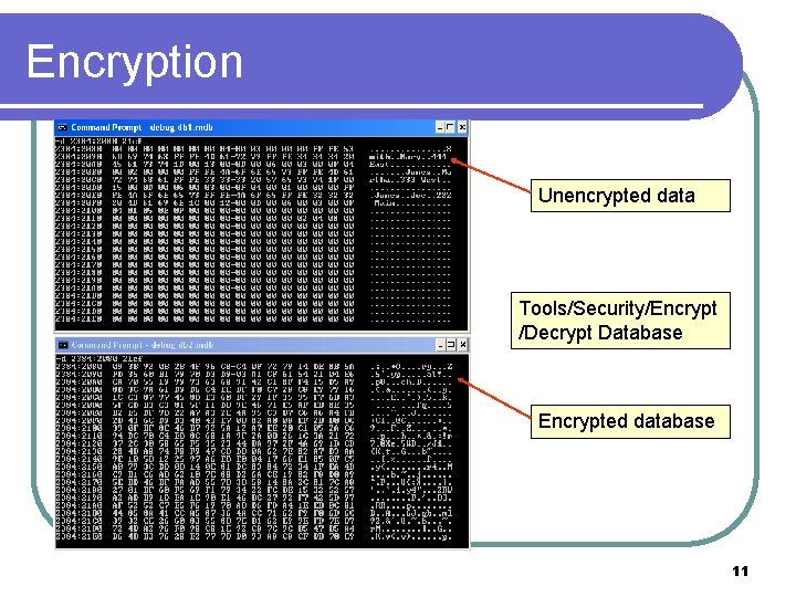 Encryption Unencrypted data Tools/Security/Encrypt /Decrypt Database Encrypted database 11 