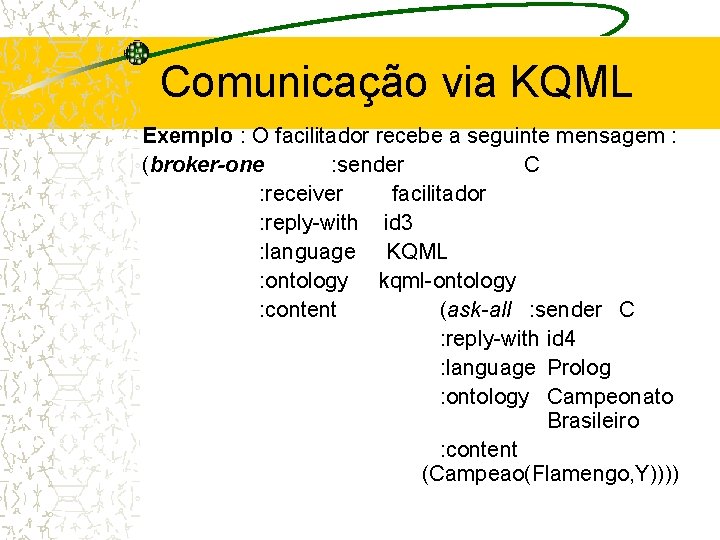 Comunicação via KQML Exemplo : O facilitador recebe a seguinte mensagem : (broker-one :