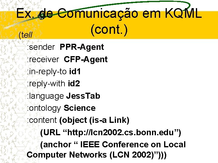 Ex. de Comunicação em KQML (cont. ) (tell : sender PPR-Agent : receiver CFP-Agent