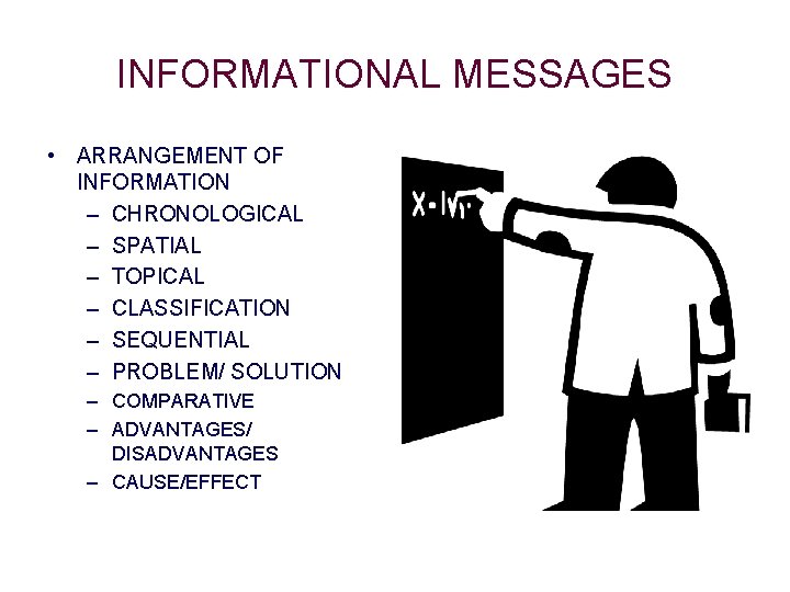 INFORMATIONAL MESSAGES • ARRANGEMENT OF INFORMATION – CHRONOLOGICAL – SPATIAL – TOPICAL – CLASSIFICATION INFORMATIONAL MESSAGES • ARRANGEMENT OF INFORMATION – CHRONOLOGICAL – SPATIAL – TOPICAL – CLASSIFICATION