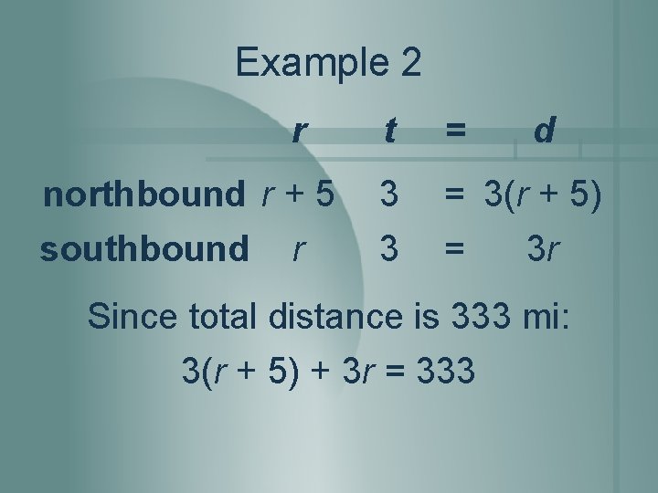 Example 2 r northbound r + 5 southbound r t = d 3 3