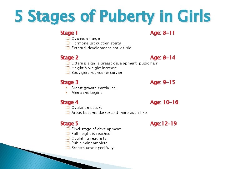5 Stages of Puberty in Girls Stage 1 Age: 8 -11 Stage 2 Age:
