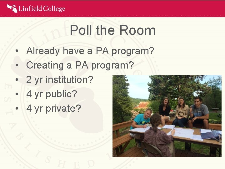 Poll the Room • • • Already have a PA program? Creating a PA