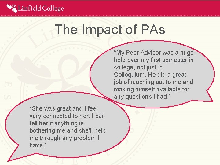 The Impact of PAs “My Peer Advisor was a huge help over my first