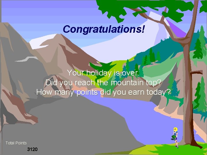 Congratulations! Your holiday is over. Did you reach the mountain top? How many points