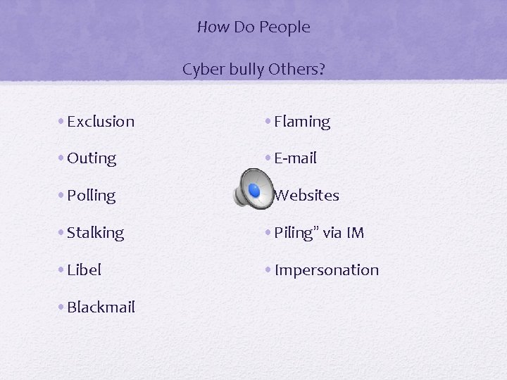 How Do People Cyber bully Others? • Exclusion • Flaming • Outing • E-mail