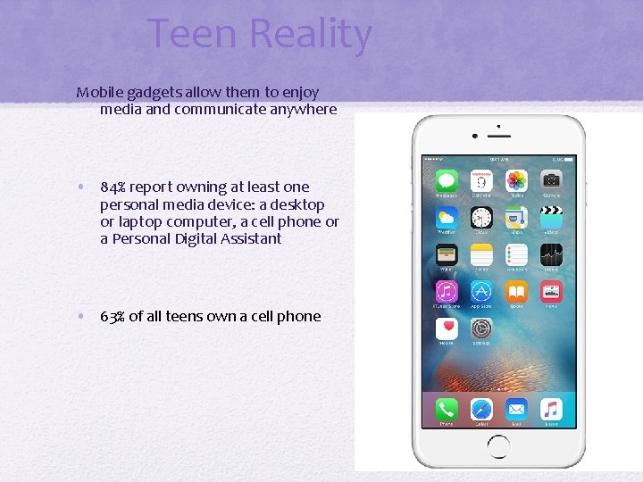 Teen Reality Mobile gadgets allow them to enjoy media and communicate anywhere • 84%