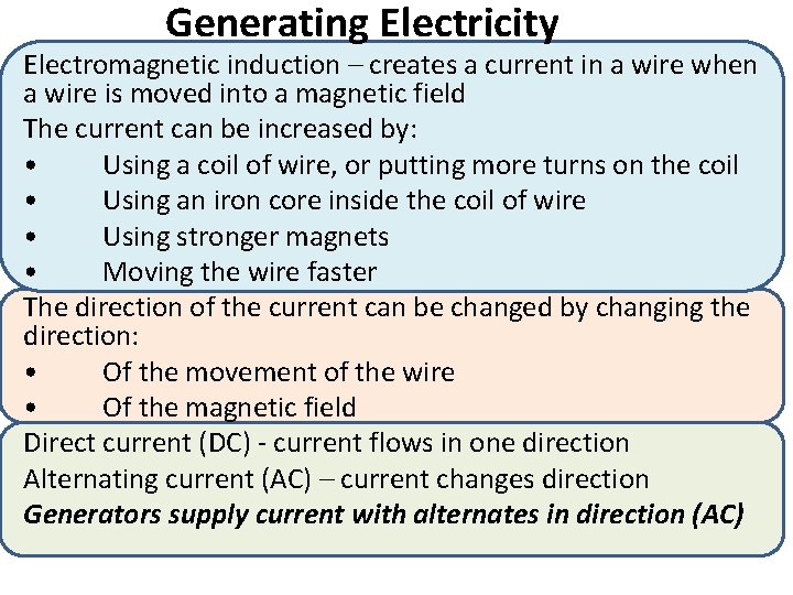Generating Electricity Electromagnetic induction – creates a current in a wire when a wire