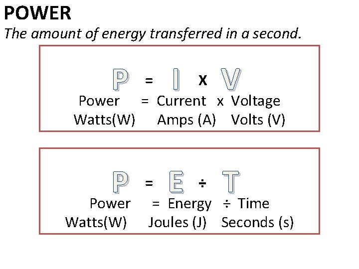 POWER The amount of energy transferred in a second. P Power I V E