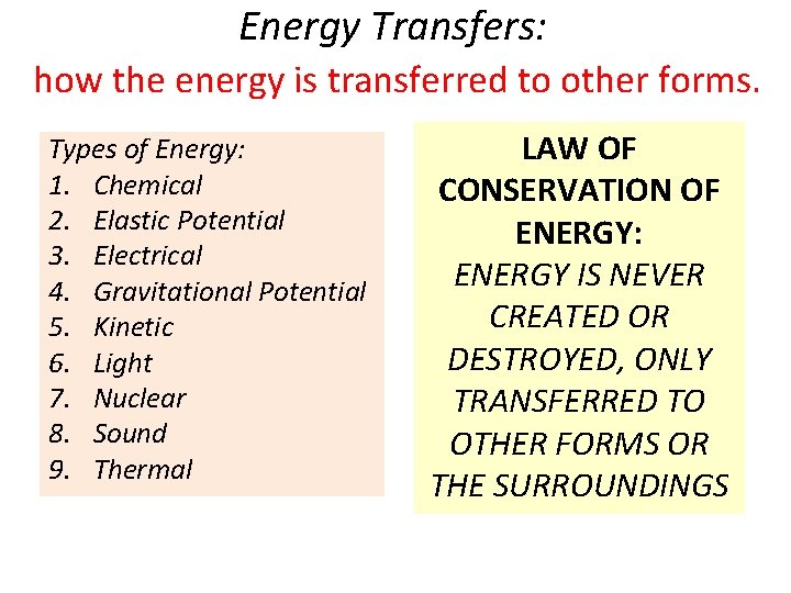 Energy Transfers: how the energy is transferred to other forms. Types of Energy: 1.