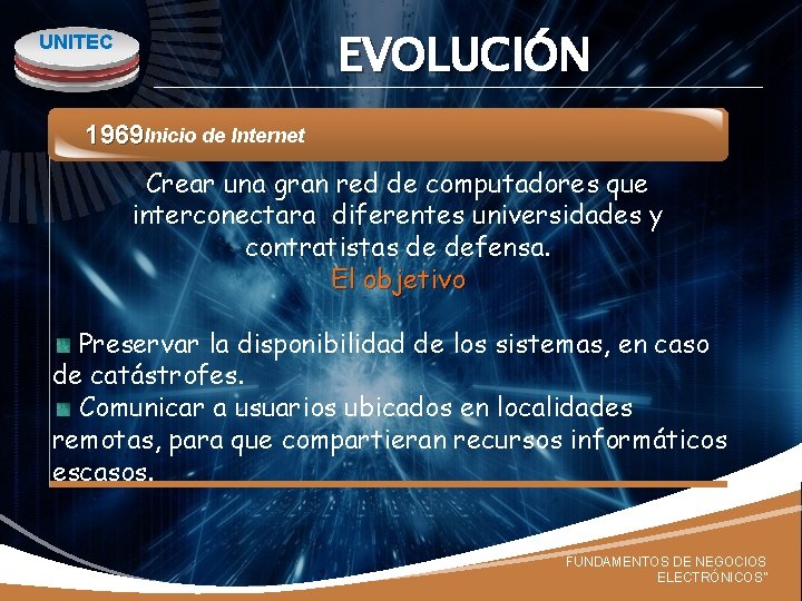 EVOLUCIÓN UNITEC 1969 Inicio de Internet Crear una gran red de computadores que interconectara