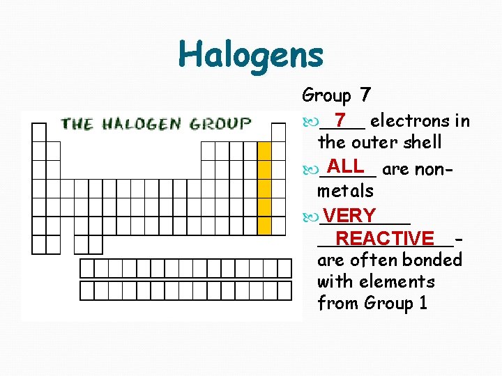 Halogens Group 7 ____ 7 electrons in the outer shell ALL are non _____
