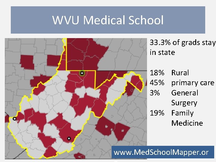 WVU Medical School 33. 3% of grads stay in state 18% Rural 45% primary