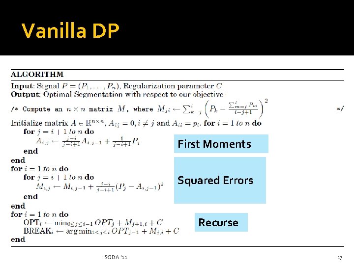 Vanilla DP First Moments Squared Errors Recurse SODA '11 17 