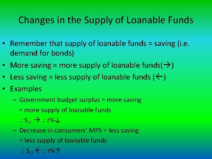 Changes in the Supply of Loanable Funds • Remember that supply of loanable funds