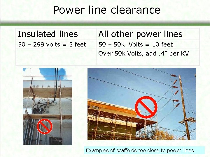 Power line clearance Insulated lines All other power lines 50 – 299 volts =
