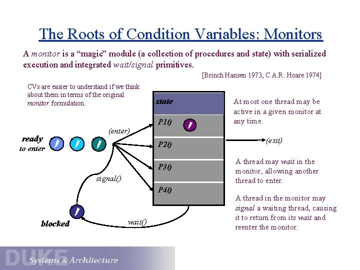 The Roots of Condition Variables: Monitors A monitor is a “magic” module (a collection The Roots of Condition Variables: Monitors A monitor is a “magic” module (a collection