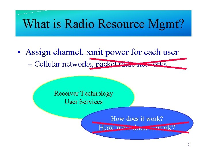 What is Radio Resource Mgmt? • Assign channel, xmit power for each user –