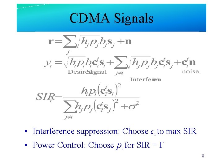 CDMA Signals • Interference suppression: Choose ci to max SIR • Power Control: Choose