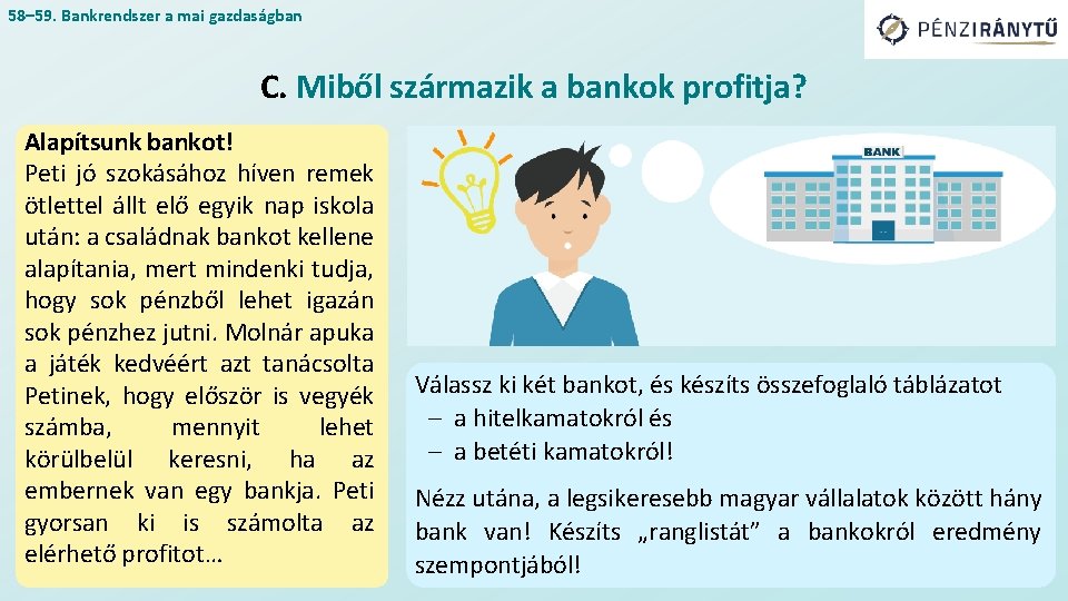 58– 59. Bankrendszer a mai gazdaságban C. Miből származik a bankok profitja? Alapítsunk bankot!