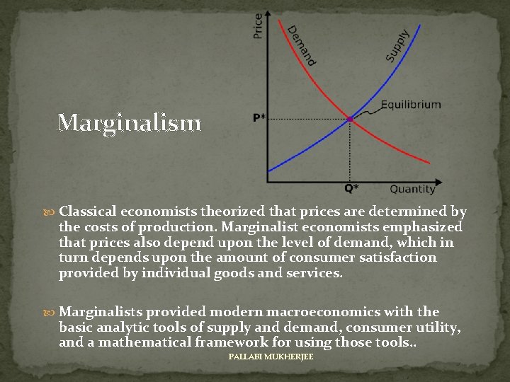 Marginalism Classical economists theorized that prices are determined by the costs of production. Marginalist