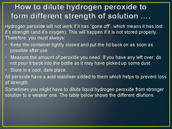 How to dilute hydrogen peroxide to form different strength of solution …. Hydrogen peroxide
