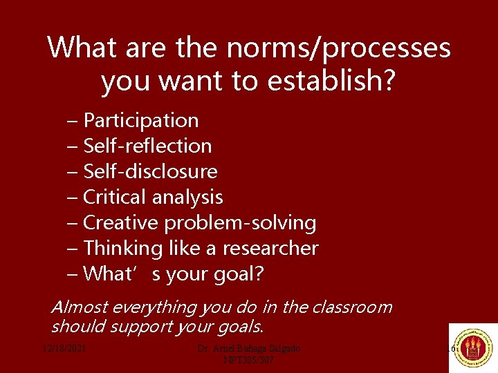 What are the norms/processes you want to establish? – Participation – Self-reflection – Self-disclosure
