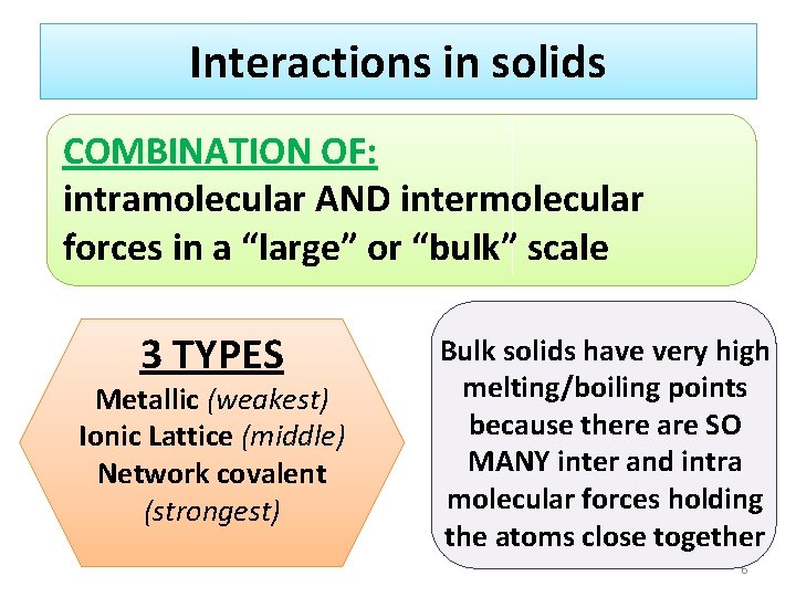 Interactions in solids COMBINATION OF: intramolecular AND intermolecular forces in a “large” or “bulk”