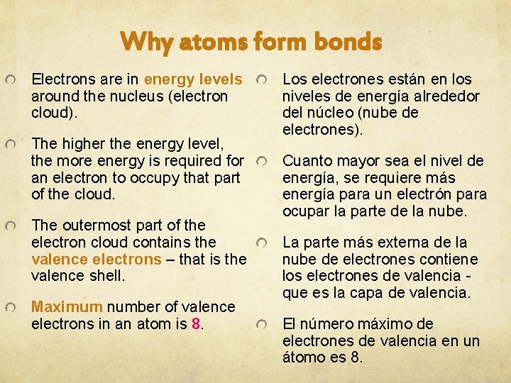 Why atoms form bonds Electrons are in energy levels around the nucleus (electron cloud).