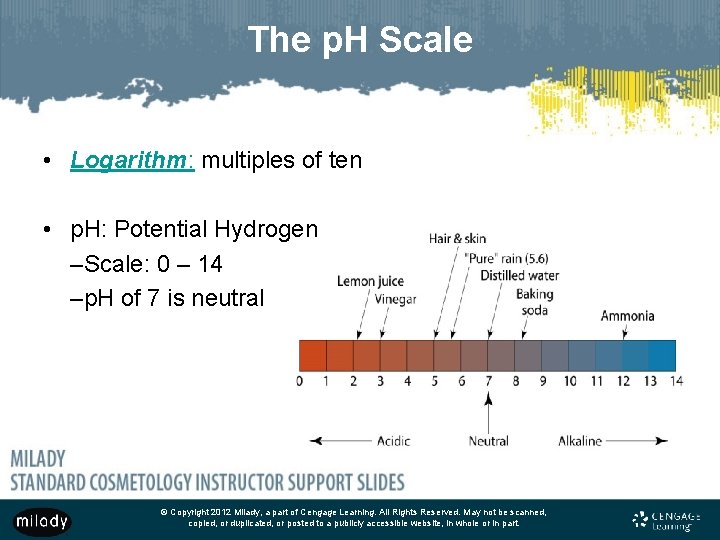 The p. H Scale • Logarithm: multiples of ten • p. H: Potential Hydrogen