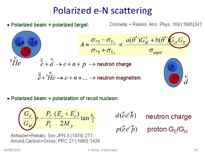 Polarized e-N scattering · Polarized beam + polarized target: p Donnelly + Raskin, Ann.