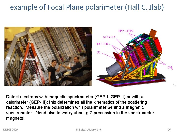 example of Focal Plane polarimeter (Hall C, Jlab) Detect electrons with magnetic spectrometer (GEP-I,