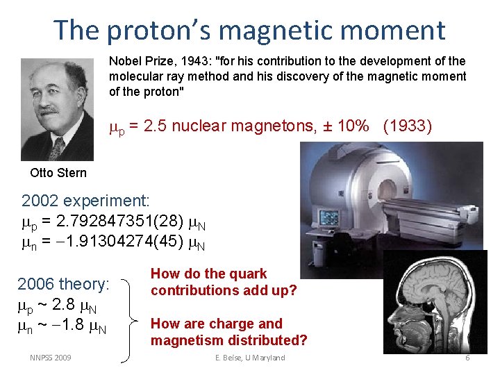 The proton’s magnetic moment Nobel Prize, 1943: "for his contribution to the development of