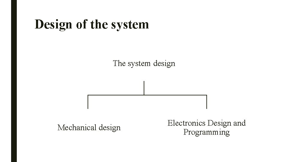Design of the system The system design Mechanical design Electronics Design and Programming 