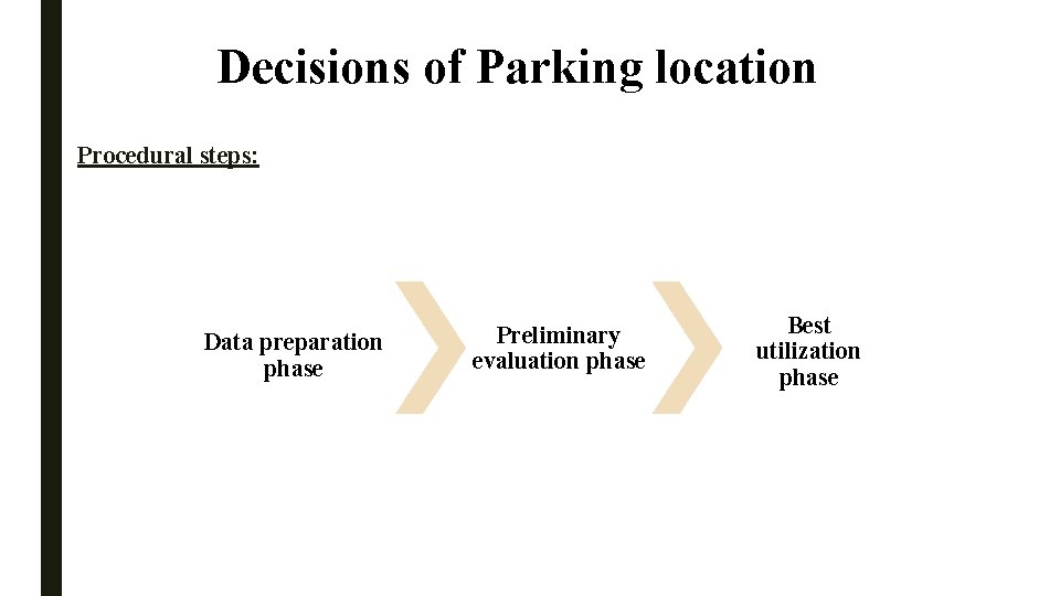 Decisions of Parking location Procedural steps: Data preparation phase Preliminary evaluation phase Best utilization