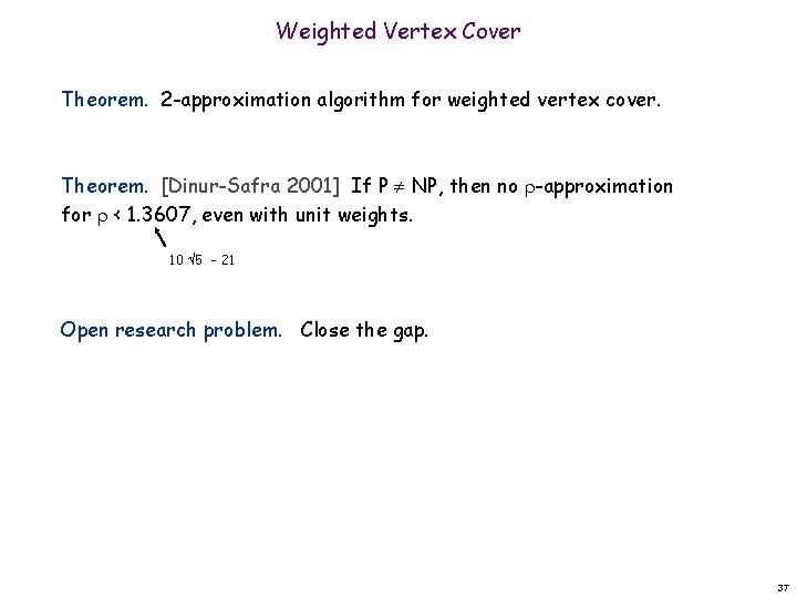 Weighted Vertex Cover Theorem. 2 -approximation algorithm for weighted vertex cover. Theorem. [Dinur-Safra 2001]