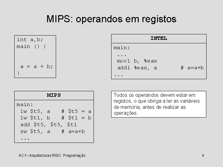 MIPS: operandos em registos INTEL int a, b; main () { main: . .