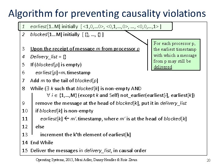 Algorithm for preventing causality violations 1 earliest[1. . M] initially [ <1, 0, …