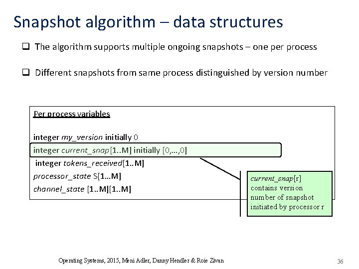 Snapshot algorithm – data structures q The algorithm supports multiple ongoing snapshots – one