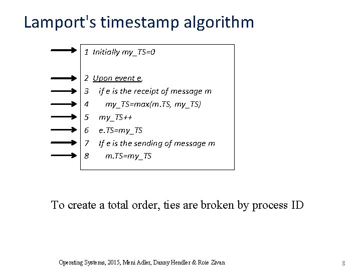 Lamport's timestamp algorithm 1 Initially my_TS=0 2 Upon event e, 3 if e is