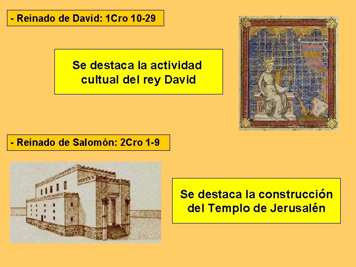 - Reinado de David: 1 Cro 10 -29 Se destaca la actividad cultual del