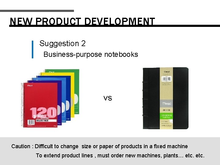 NEW PRODUCT DEVELOPMENT Suggestion 2 Business-purpose notebooks vs Caution : Difficult to change size