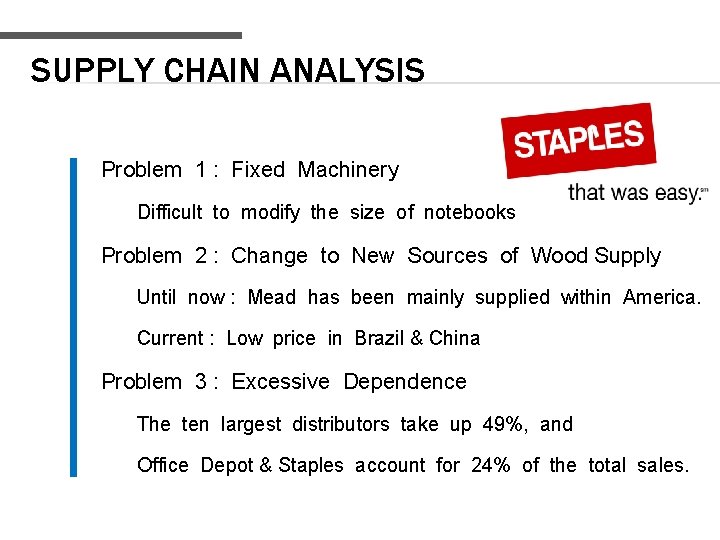 SUPPLY CHAIN ANALYSIS Problem 1 : Fixed Machinery Difficult to modify the size of