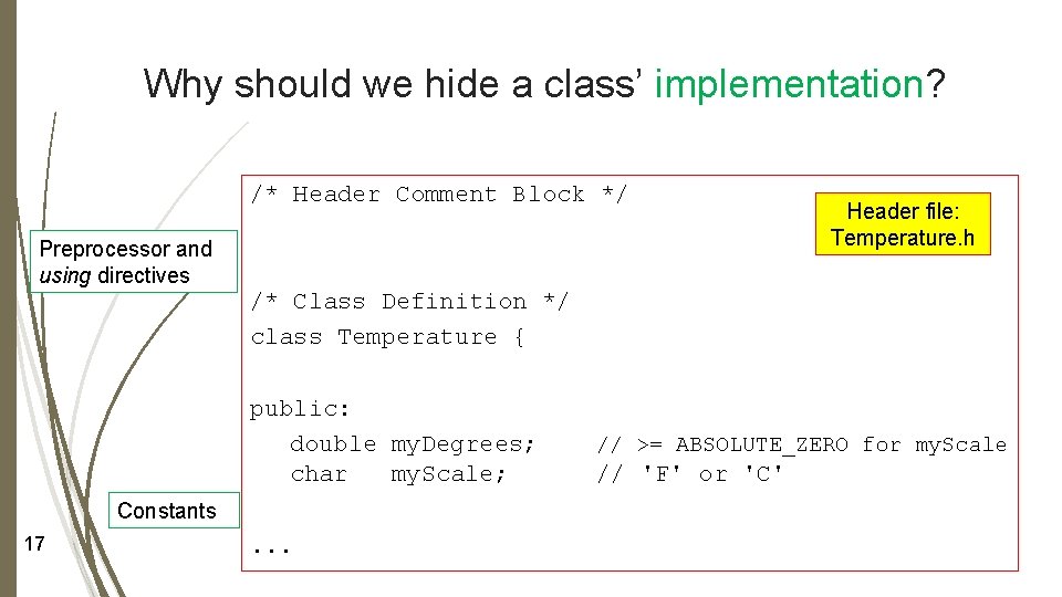 Why should we hide a class’ implementation? /* Header Comment Block */ Preprocessor and