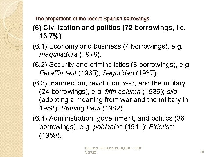 The proportions of the recent Spanish borrowings (6) Civilization and politics (72 borrowings, i. The proportions of the recent Spanish borrowings (6) Civilization and politics (72 borrowings, i.