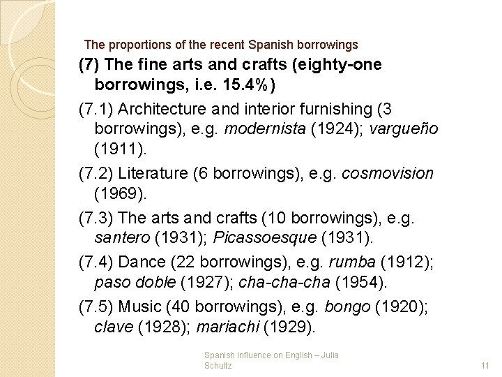 The proportions of the recent Spanish borrowings (7) The fine arts and crafts (eighty-one The proportions of the recent Spanish borrowings (7) The fine arts and crafts (eighty-one