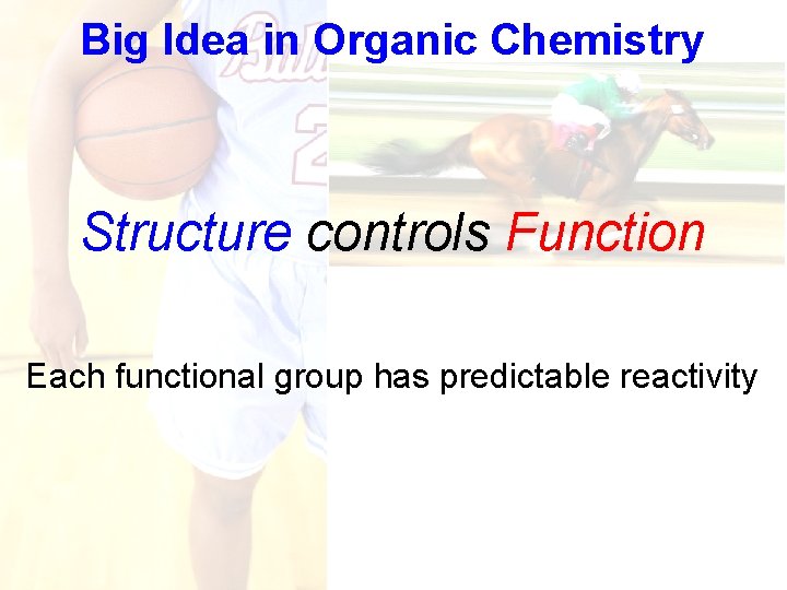 Big Idea in Organic Chemistry Structure controls Function Each functional group has predictable reactivity